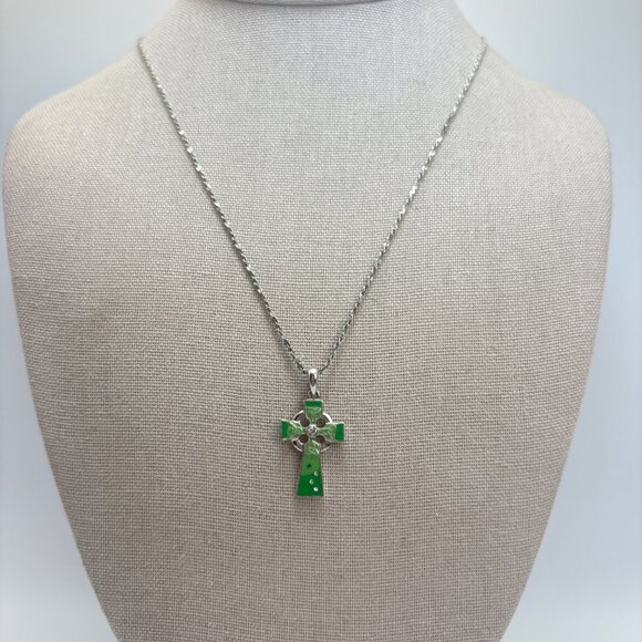 Sterling Silver 925 Green Enamel Crystal Celtic Knot Cross Pendant Necklace 20" - Picture 1 of 13